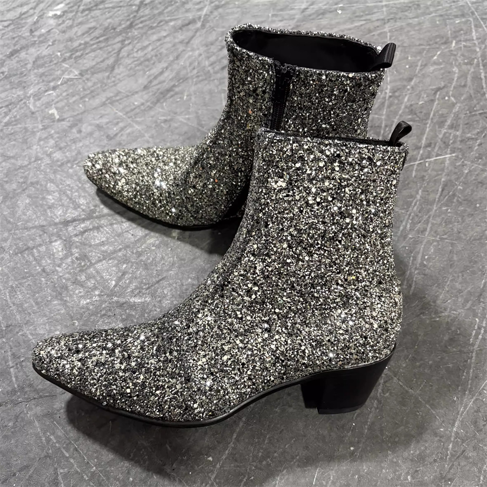 Silver Bling Bling Pointed Toe - Chelsea Boots Men 评论和价格