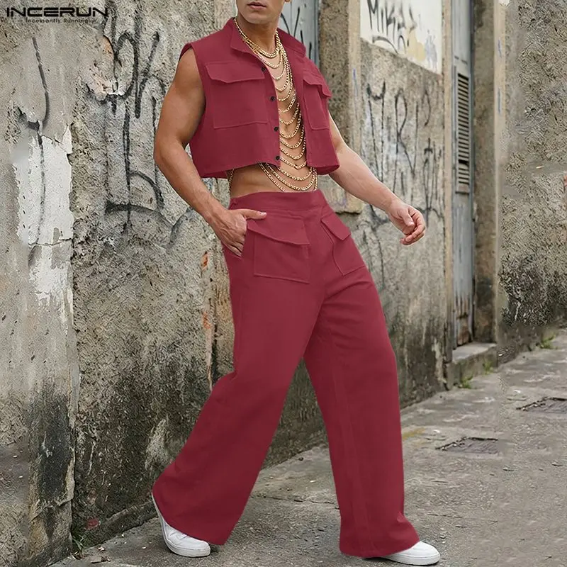 INCERUN Men Sets Solid Sleevel - Men'S Fashion Pants 评论和价格